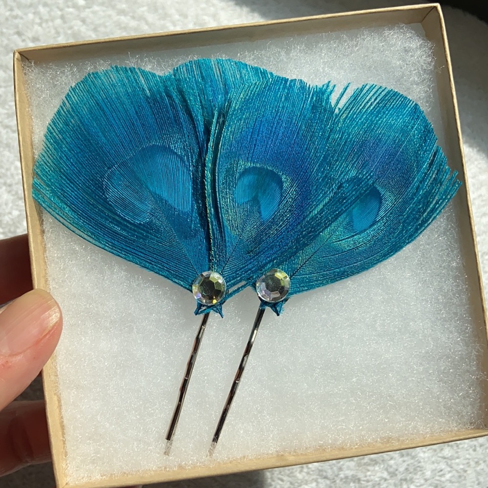 Peacock feather & rhinestone hair pins